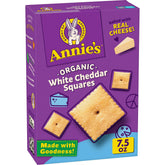 Annie's Homegrown Organic White Cheddar Squares crackers in a box, perfect for quick after-school snacks.