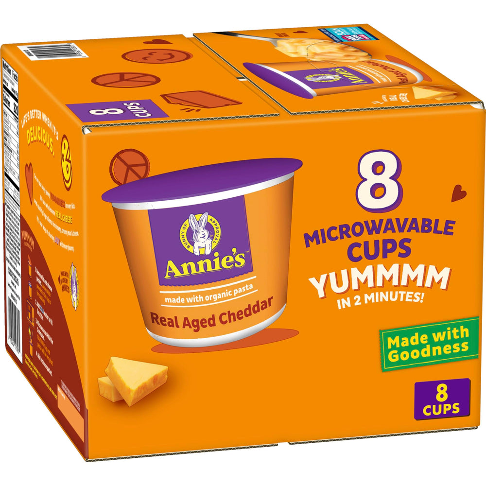 Annie's Homegrown real aged cheddar macaroni cups packaging for quick family meals