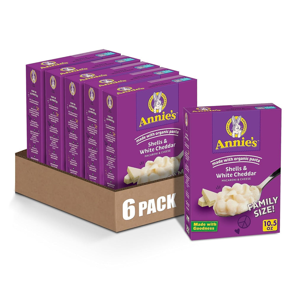Annie's Homegrown Shells and White Cheddar box front view for quick family meals.