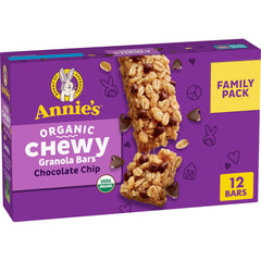 Annie's Organic Chewy Granola Bars chocolate chip packaging, ideal for on-the-go snacking.