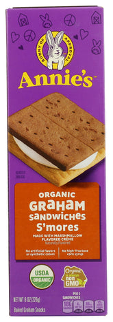 Annie's Organic Graham Sandwich Cookies Smores pack front view; family-friendly camping snack.