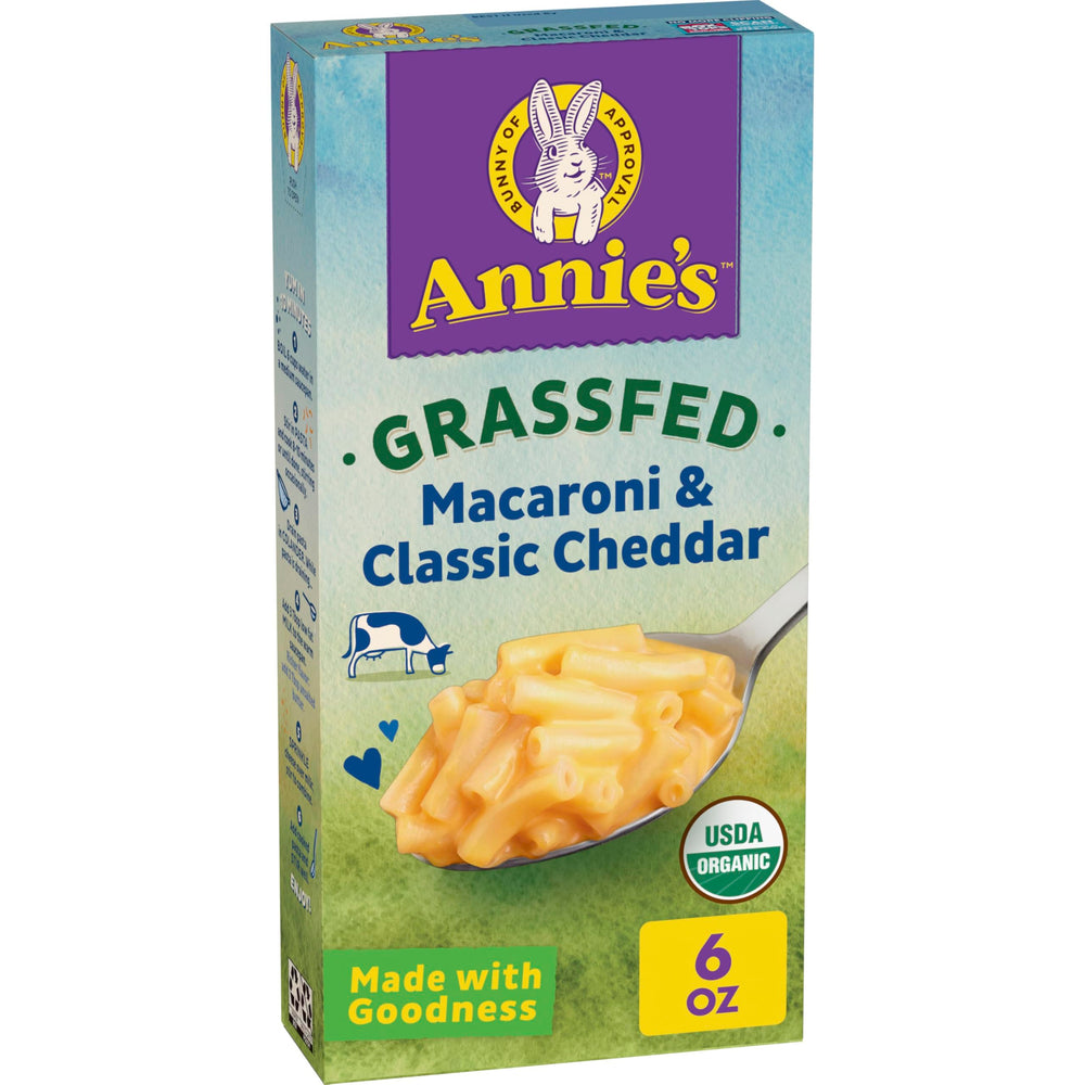 Annie's Organic Grass-Fed Macaroni box shows a kid-friendly, classic meal option.