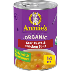 Annie’s Organic Star Pasta Chicken Soup can front, quick family meals.