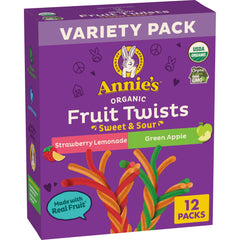Annie's Strawberry Lemonade Fruit Twists in bag, vibrant colors ideal for lunchboxes and after-school snacks.