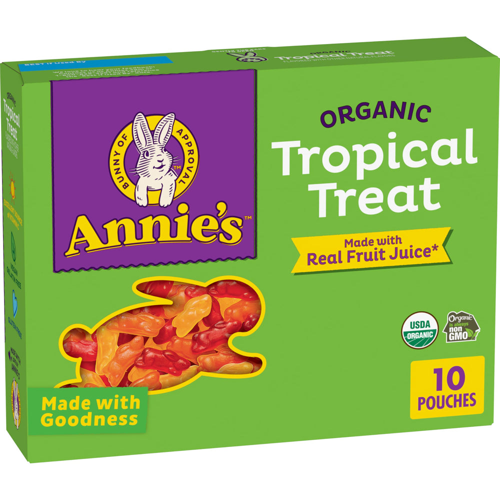 Annie's Organic Tropical Treat Bunny Snacks front view, ideal for school lunches.