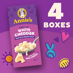 Annie's Shells and White Cheddar box back nutrition, easy reference for ingredients and servings.