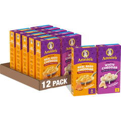 Annie's Shells & White Cheddar box front showing creamy sauce for quick family dinners