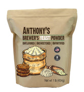 Anthony's Brewers Yeast powder bottle close-up showing gluten-free lactation support use in meals.