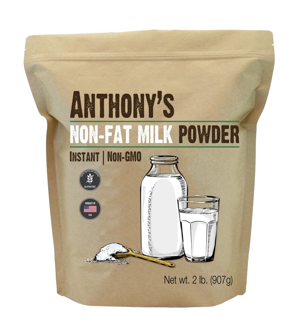 Anthony's Non-Fat Milk Powder bottle demonstrates instant milk solution.