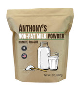 Anthony's Non-Fat Milk Powder bottle demonstrates instant milk solution.
