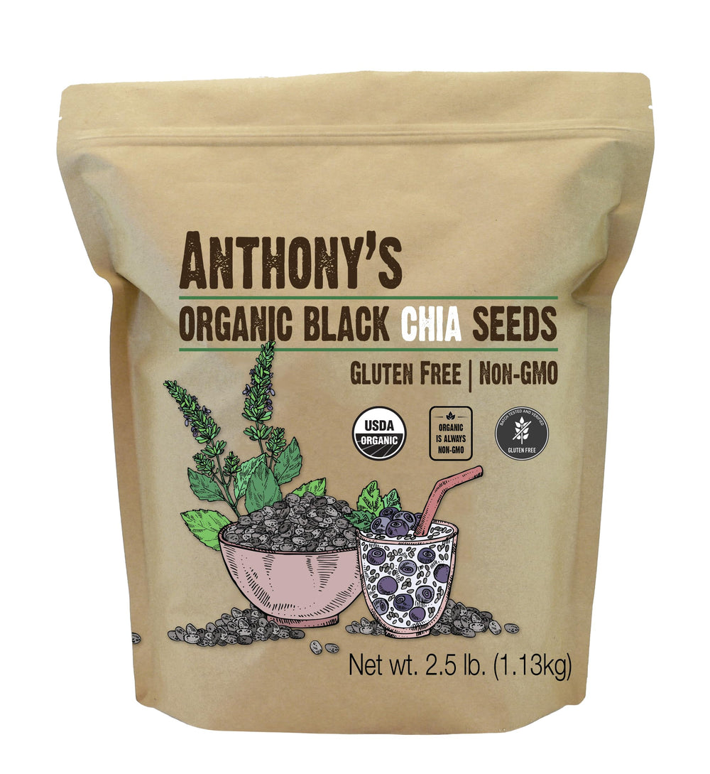 Anthony's Organic Chia Seeds bag closeup showing premium gluten-free freshness.