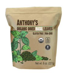 Anthony's Organic Dried Basil Leaves packaging on shelf for pantry storage.