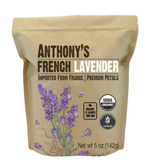 Anthony's Organic French Lavender Petals bottle shows premium dried blooms for culinary or fragrance use.