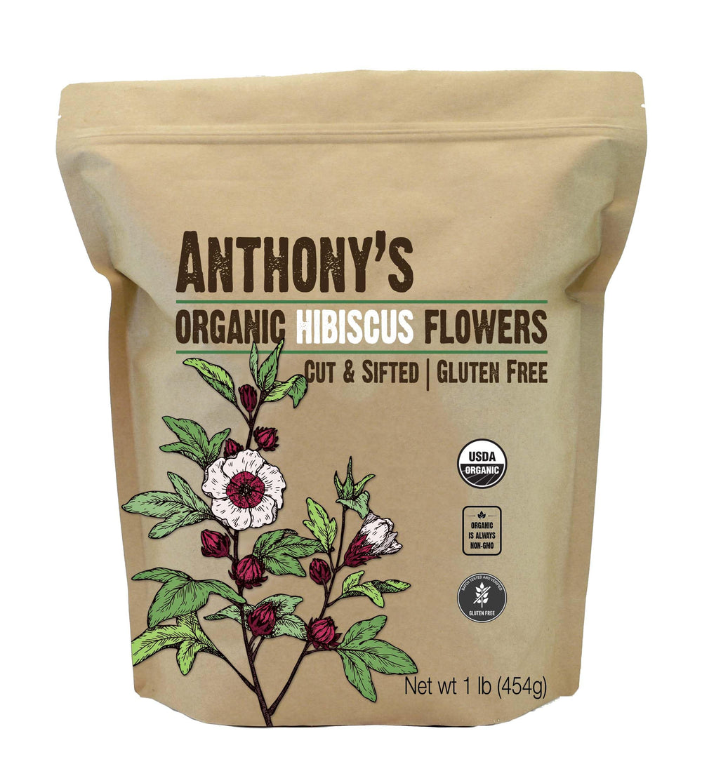 Anthony's Organic Hibiscus Flowers pack shot, ideal for brewing fragrant herbal tea.