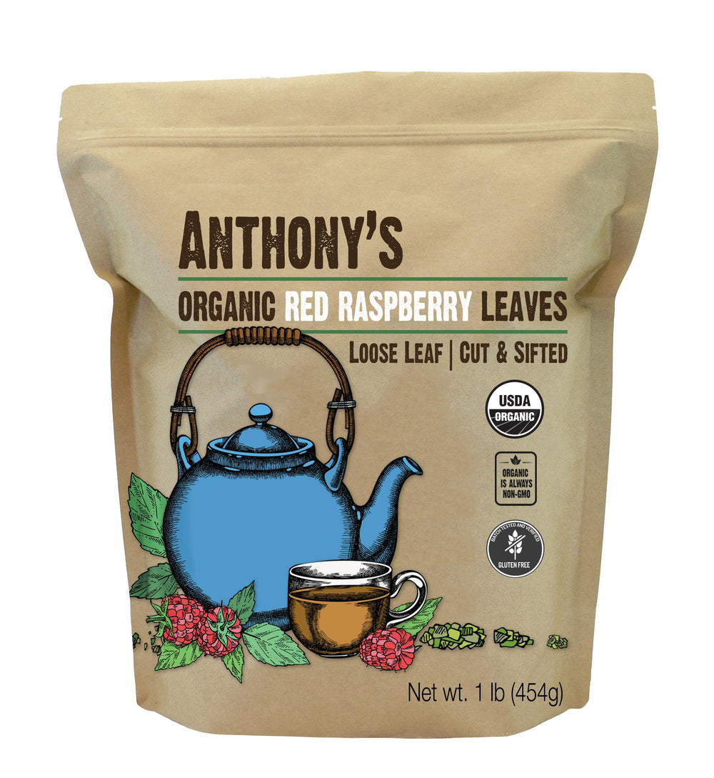 Anthony's Organic Red Raspberry Leaves, cut and sifted, ideal for caffeine-free herbal tea.