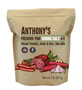 Anthony's Pink Curing Salt No.2 front packaging highlights gluten-free, batch-tested quality for dry curing.