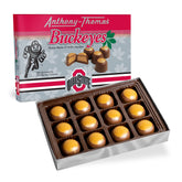 Anthony-Thomas buckeyes box featuring peanut butter centers and milk chocolate.