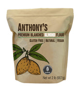 Anthony's Blanched Almond Flour packaging on shelf highlights gluten-free claim for versatile baking.