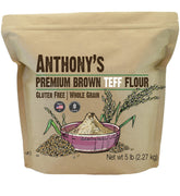 Anthony's Brown Teff Flour bag highlighting gluten-free whole grain baking