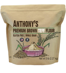 Anthony's Brown Teff Flour bag highlighting gluten-free whole grain baking