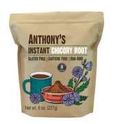 Anthony's Instant Chicory Root jar shows gluten-free and caffeine-free coffee alternative