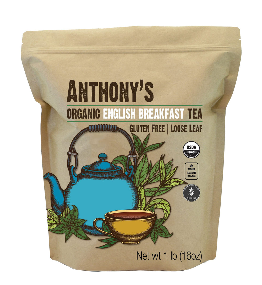 Anthony's Organic English Breakfast loose-leaf tea for bulk brewing and aroma.