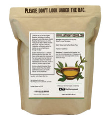 Anthony's Organic English Breakfast packaging highlights gluten-free and organic certification.