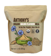 Anthony's Organic Golden Flaxseed Meal front of tub, gluten-free and versatile for baking.