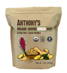 Anthony's Organic Ground Ginger Root 1lb packshot showcases a rich aroma for quick flavor boosts