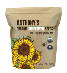 Anthony's Organic Hulled Sunflower Seeds bag front; convenient 2 lb packaging for home use.