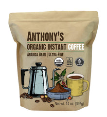Anthony's Organic Instant Coffee packaging shows gluten-free, organic certification and premium branding.