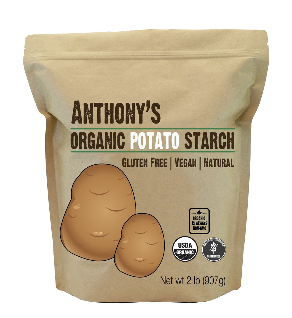Anthony's Organic Potato Starch 2lb bottle on the kitchen counter, gluten-free thickener for sauces