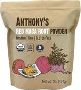 Anthony's Organic Red Maca Powder canister showing raw maca for natural energy