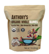 Anthony's Organic Whole Cloves pack showing bold aroma for spice blends and teas.