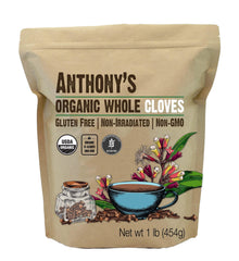 Anthony's Organic Whole Cloves pack showing bold aroma for spice blends and teas.