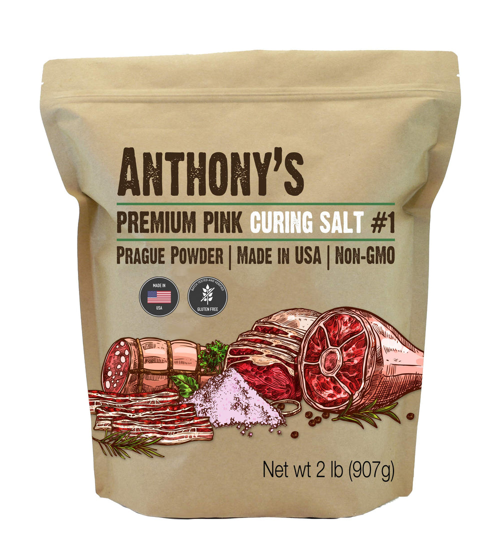 Anthony's Pink Salt No.1 bag shows batch-tested gluten-free curing for home sausage projects.