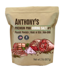 Anthony's Pink Salt No.1 bag shows batch-tested gluten-free curing for home sausage projects.