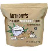 Anthony's Premium Arrowroot Flour packaging shows a 5 lb bag, ideal gluten-free pantry staple.