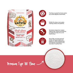 Antico Molino Napoli Caputo 00 flour bag open reveals soft, silky texture ideal for home kneading.