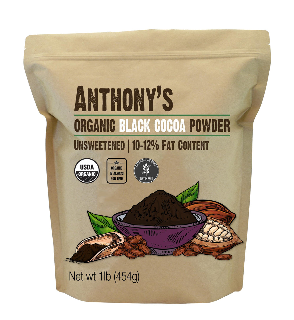 Anthony's Organic Black Cocoa Powder bag shows rich color for baking and desserts