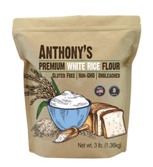 Anthony's Premium White Rice Flour packaging shows a 3 lb bag for gluten-free baking.