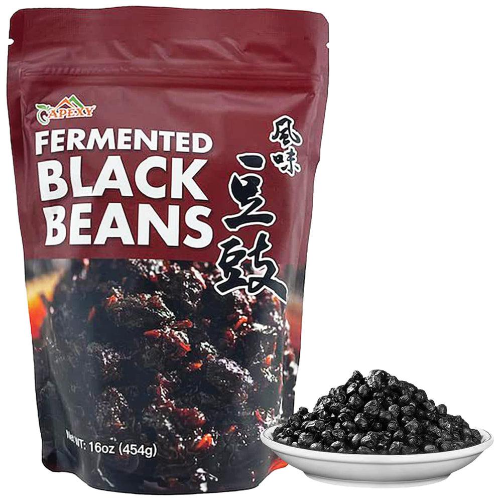 Apexy Douchi fermented black beans pack enhances flavor base for savory Asian dishes.