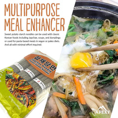 Japchae-ready APEXY noodles paired with colorful vegetables
