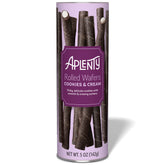 Aplenty Cookies & Cream rolled wafers package for convenient snacking
