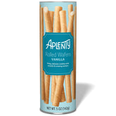 Aplenty Vanilla Rolled Wafers packaging highlights crisp texture and premium quality.