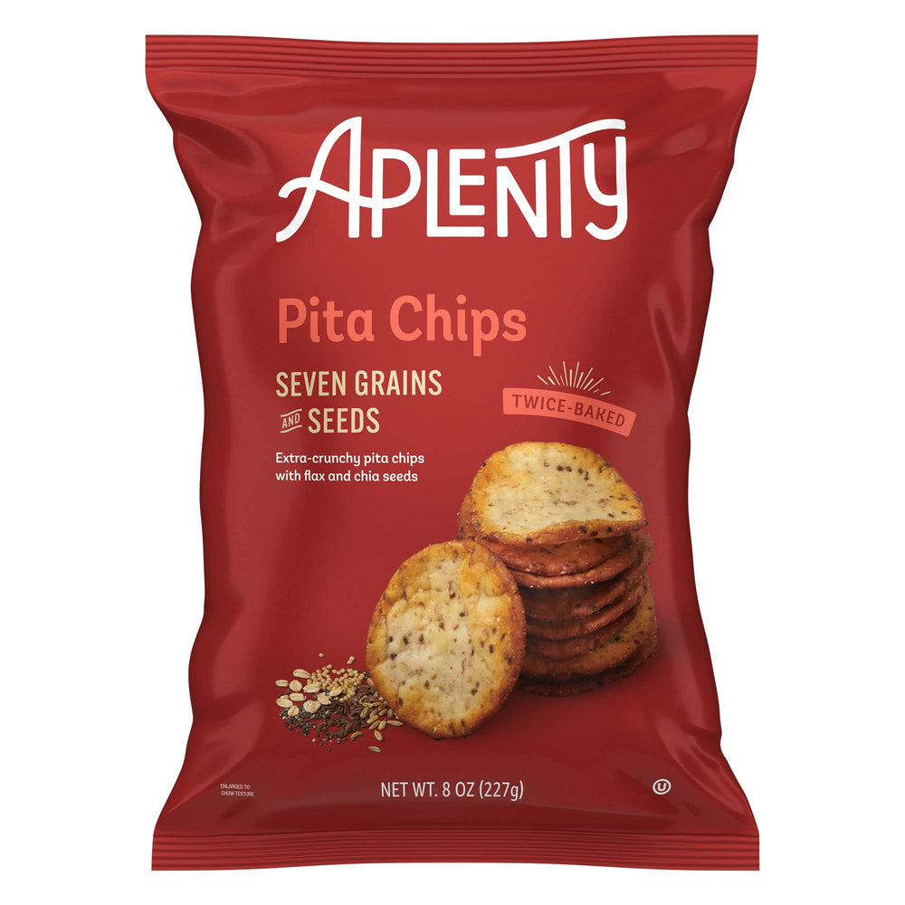 Aplenty Seven Grains pita chips bag front with bold crunch ready for sharing.