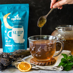 Brewing Aprika Life Sleep Tea to release chamomile and lavender calming notes