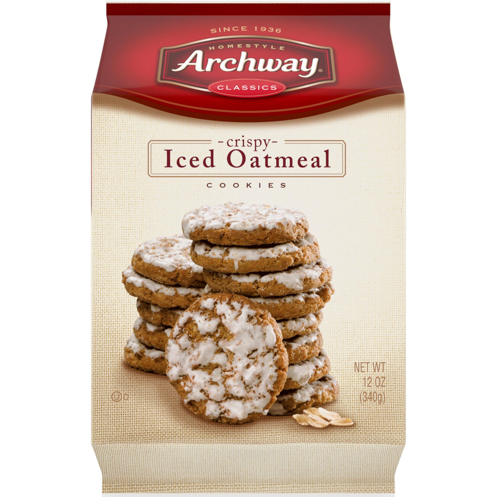 Archway Iced Oatmeal Cookies with vanilla icing drizzle, shareable treat.