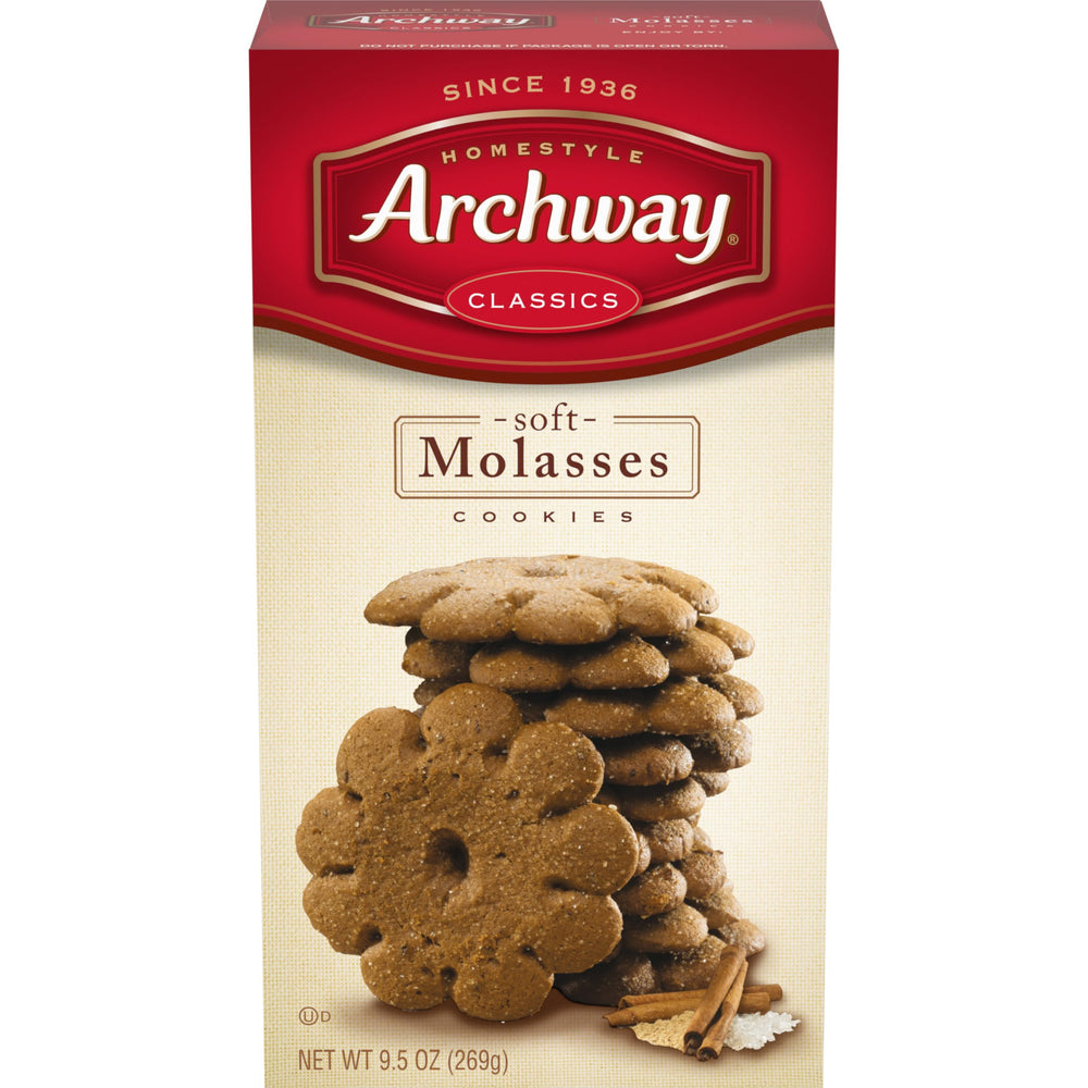 Archway soft molasses cookies box front, cozy aroma inviting tea-time moments