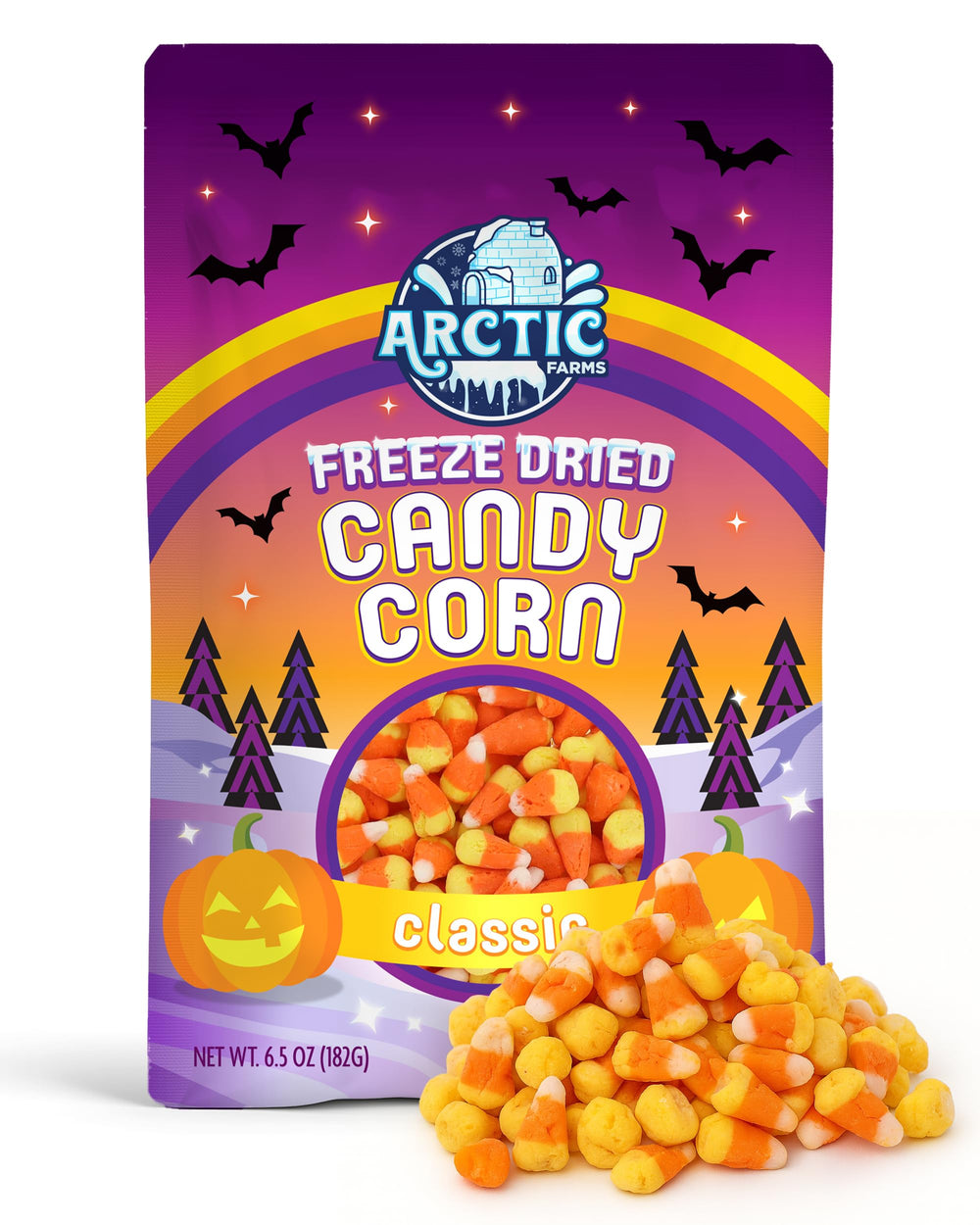 Arctic Farms Freeze Dried Candy Corn classic packshot with resealable bag for freshness.